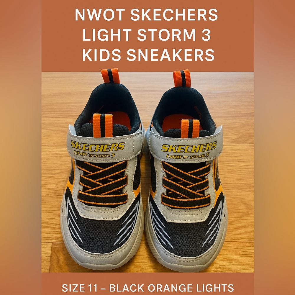 NWOT Skechers Light Storm 3 Kids Sneakers Size 11 – Black Orange Lights
